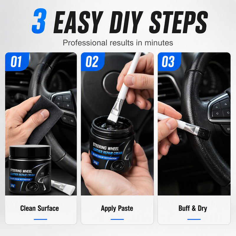 Three steps to apply steering wheel leather repair cream