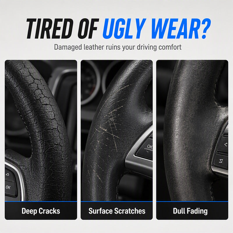 Examples of cracked, scratched and faded black steering wheel leather